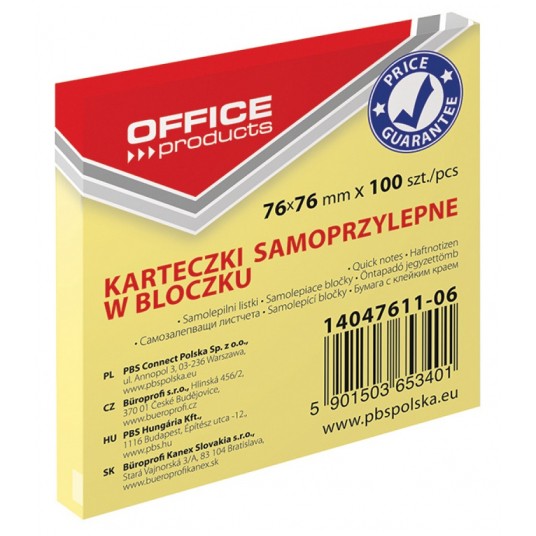 Notes samoprzylepny OFFICE PRODUCTS 76x76mm 100k żółty pastel